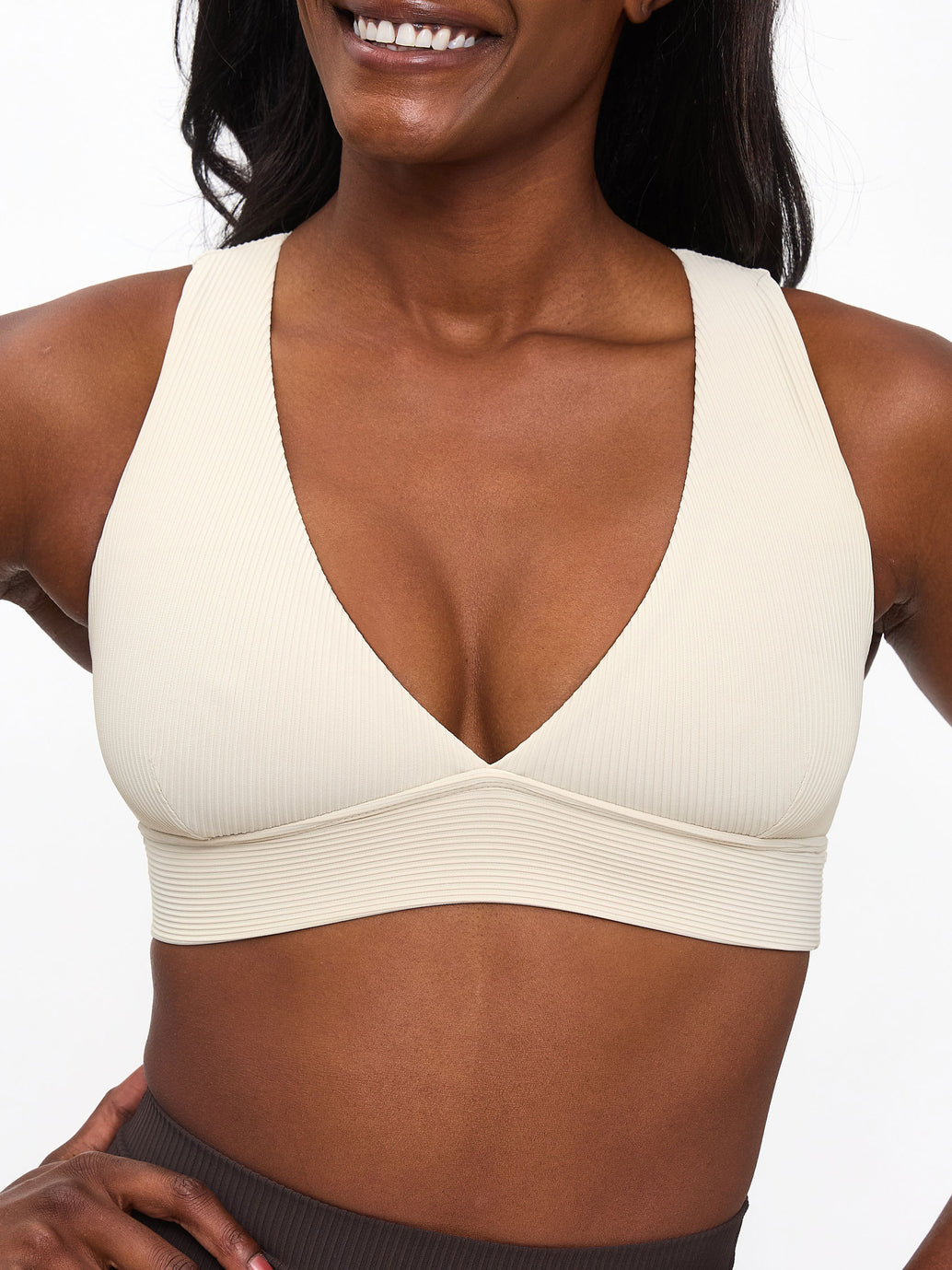Ribbed Deep V Sports Bra - Bone